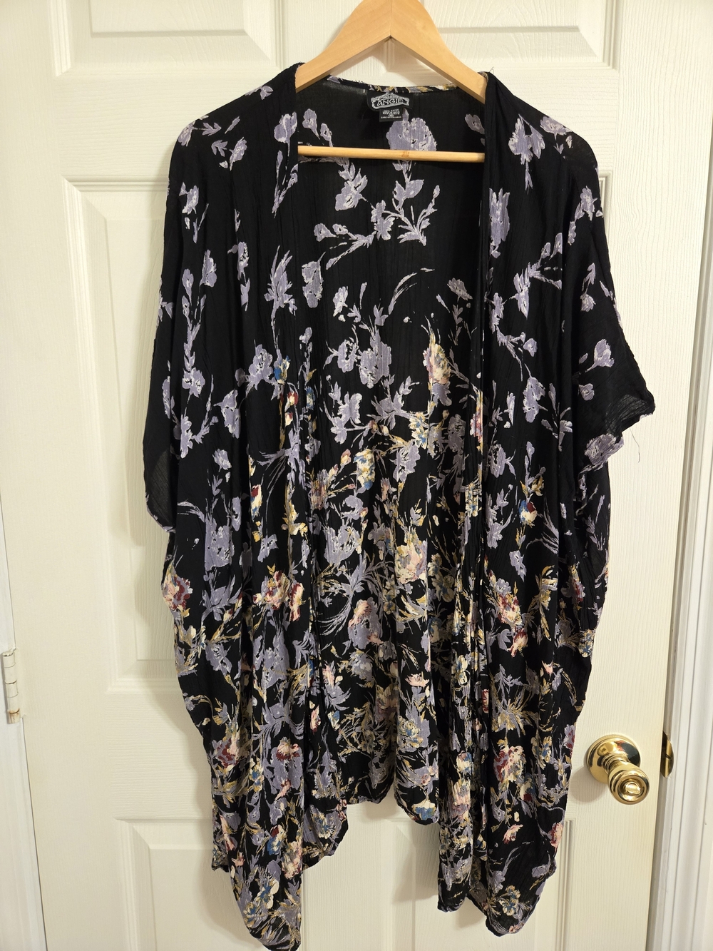 Angie Black With Blue And Grey floral Open Front Kimono Size Medium